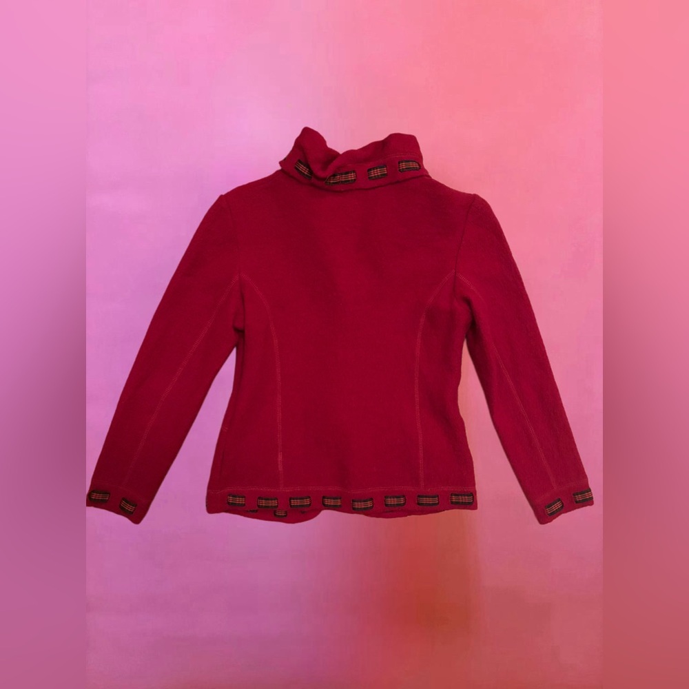 Vintage 90s Y2K Red Wool Button-Up Jacket Cardigan w/ Black Plaid Trim - XS - Picture 10 of 14